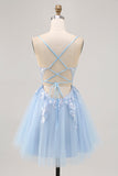 Blue A-line Tulle Sequin Graduation Dress with Lace Up Back