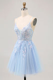 Blue A-line Tulle Sequin Graduation Dress with Lace Up Back