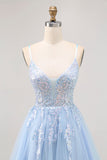 Blue A-line Tulle Sequin Graduation Dress with Lace Up Back