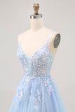 Blue A-line Tulle Sequin Graduation Dress with Lace Up Back