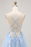 Blue A-line Tulle Sequin Graduation Dress with Lace Up Back