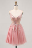 Blush A-line Tulle Sequins Short Graduation Dress with Lace Up Back