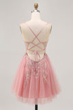 Blush A-line Tulle Sequins Short Graduation Dress with Lace Up Back