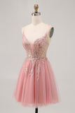 Blush A-line Tulle Sequins Short Graduation Dress with Lace Up Back