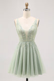 Green A-line Tulle Backless Beaded Short Graduation Dress with Sequins