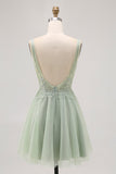 Green A-line Tulle Backless Beaded Short Graduation Dress with Sequins