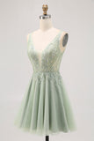Green A-line Tulle Backless Beaded Short Graduation Dress with Sequins