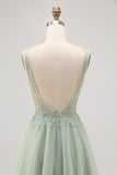 Green A-line Tulle Backless Beaded Short Graduation Dress with Sequins