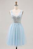 Blue A-line Tulle Short Graduation Dress with Sequins