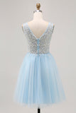 Blue A-line Tulle Short Graduation Dress with Sequins