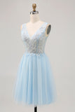Blue A-line Tulle Short Graduation Dress with Sequins