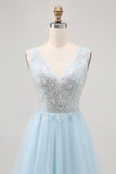 Blue A-line Tulle Short Graduation Dress with Sequins