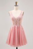 A-line Tulle Blush Sequins Backless Short Graduation Dress with Beading