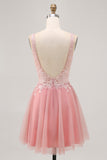 A-line Tulle Blush Sequins Backless Short Graduation Dress with Beading
