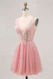 A-line Tulle Blush Sequins Backless Short Graduation Dress with Beading