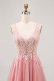 A-line Tulle Blush Sequins Backless Short Graduation Dress with Beading