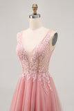 A-line Tulle Blush Sequins Backless Short Graduation Dress with Beading