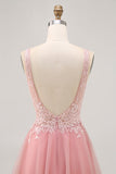A-line Tulle Blush Sequins Backless Short Graduation Dress with Beading