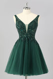 Sparkly Dark Green A Line V-Neck Short Graduation Dress