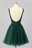 Sparkly Dark Green A Line V-Neck Short Graduation Dress