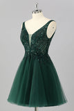 Sparkly Dark Green A Line V-Neck Short Graduation Dress