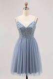 Grey Blue A-line Tulle Short Graduation Dress with Beading