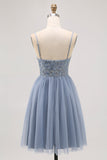 Grey Blue A-line Tulle Short Graduation Dress with Beading
