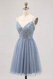 Grey Blue A-line Tulle Short Graduation Dress with Beading