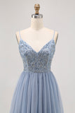 Grey Blue A-line Tulle Short Graduation Dress with Beading