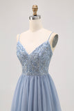 Grey Blue A-line Tulle Short Graduation Dress with Beading