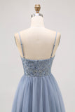 Grey Blue A-line Tulle Short Graduation Dress with Beading
