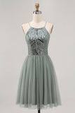 Grey Green A-line Tulle Sequins Short Graduation Dress with Sequins