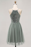 Grey Green A-line Tulle Sequins Short Graduation Dress with Sequins