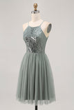 Grey Green A-line Tulle Sequins Short Graduation Dress with Sequins