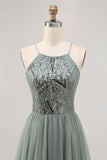 Grey Green A-line Tulle Sequins Short Graduation Dress with Sequins
