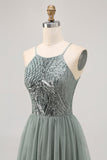 Grey Green A-line Tulle Sequins Short Graduation Dress with Sequins