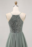Grey Green A-line Tulle Sequins Short Graduation Dress with Sequins