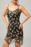Black Golden Spaghetti Straps Sequins 1920s Dress with Accessories Set