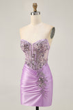 Sparkly Lilac Bodycon Strapless Short Graduation Dress with Lace Up Back