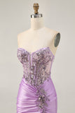 Sparkly Lilac Bodycon Strapless Short Graduation Dress with Lace Up Back