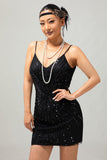 Sparkly Black Sequins V Neck Bodycon 1920s Dress