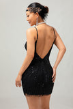 Sparkly Black Sequins V Neck Bodycon 1920s Dress