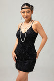 Black Spaghetti Straps Sequins 1920s Dress with Accessories Set