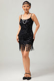 Sparkly Black Sequin Gatsby Short 1920s Dress With Fringes