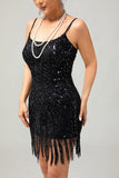 Black Spaghetti Straps Fringed Sequins 1920s Dress with Accessories Set