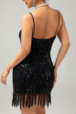Black Spaghetti Straps Fringed Sequins 1920s Dress with Accessories Set