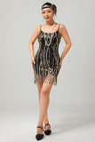 Black Golden Sequin Gatsby Short 1920s Dress with Fringes