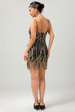 Black Golden Sequin Gatsby Short 1920s Dress with Fringes