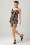 Black Golden Sequin Gatsby Short 1920s Dress with Fringes