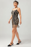 Black Golden Sequin Gatsby Short 1920s Dress with Fringes